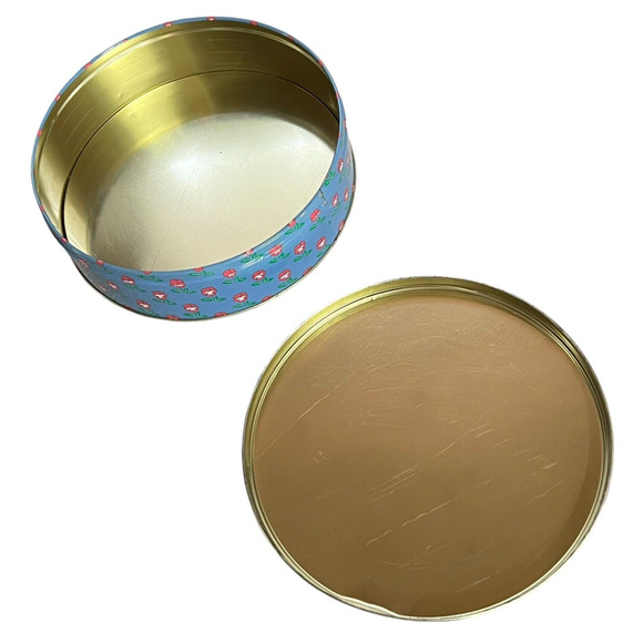 Lillian Vernon Vtg 1986 Tin Trinket Button Box Blue With Red Flowers Country - Picture 4 of 8